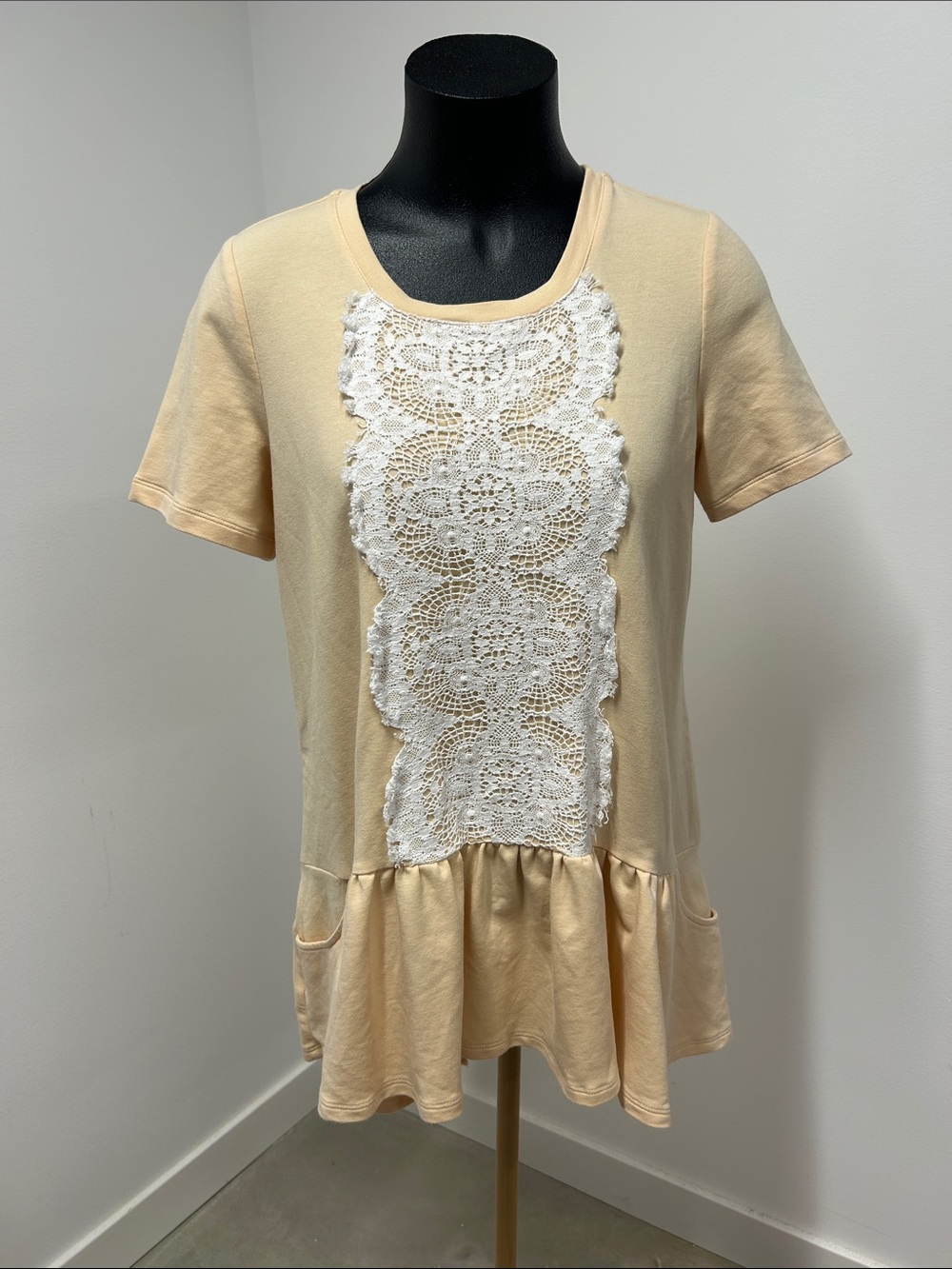 LOGO Lounge Lori Goldstein Lace Front French Terry Top Peach Peplum Pockets